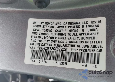 2016 Honda Civic Ex из США, поврежденный, VIN 19XFC2F72GE029258